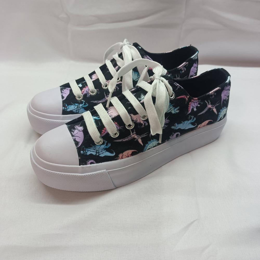 Hot Topic Womens Pastel Dinosaur Print‎ Platform Sneakers Black Canvas Size 8